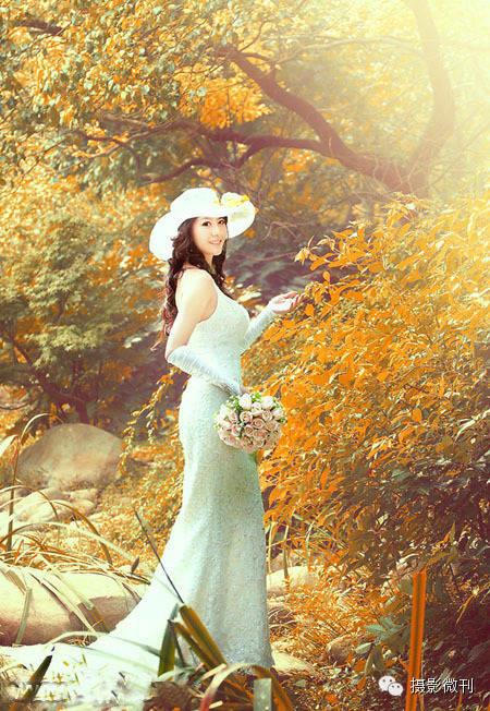 婚纱后期，通过ps调出橙黄色的唯美树林婚纱照片_