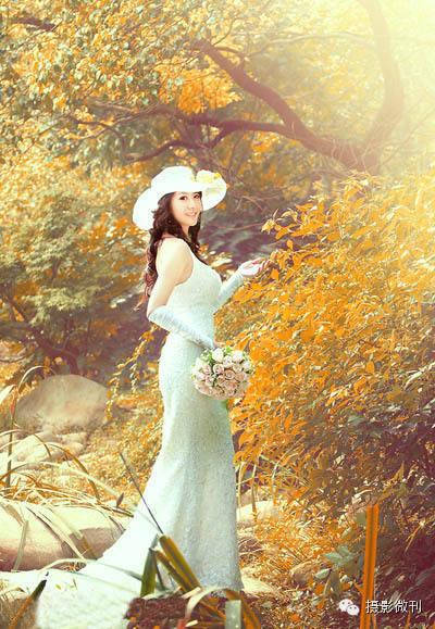 婚纱后期，通过ps调出橙黄色的唯美树林婚纱照片_