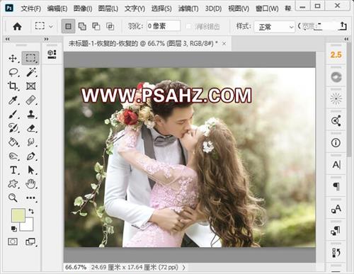 PS调色教程：给情侣接吻拍摄的婚纱照调出清新淡雅的色调。