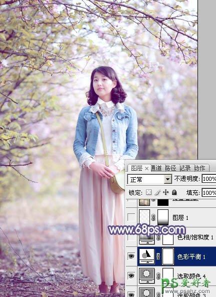 photoshop给春日花景中的青春少女艺术照调出梦幻的粉紫色