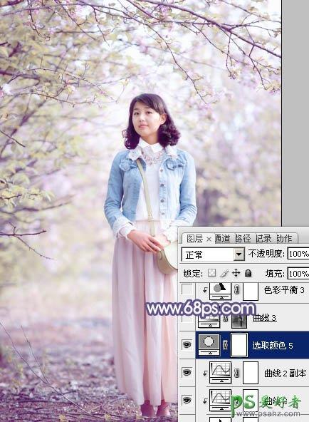 photoshop给春日花景中的青春少女艺术照调出梦幻的粉紫色