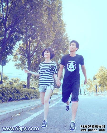 PS韩系风格调色教程：给街景上漫步的情侣图片调出韩系蓝色调